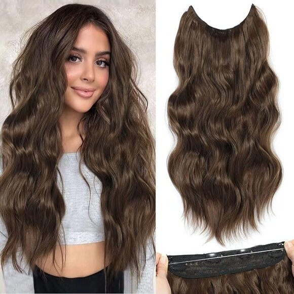 BUPPLER 20” Medium Brown Halo Hair Extensions Synthetic Clip-In Natural Waves - Picture 1 of 5